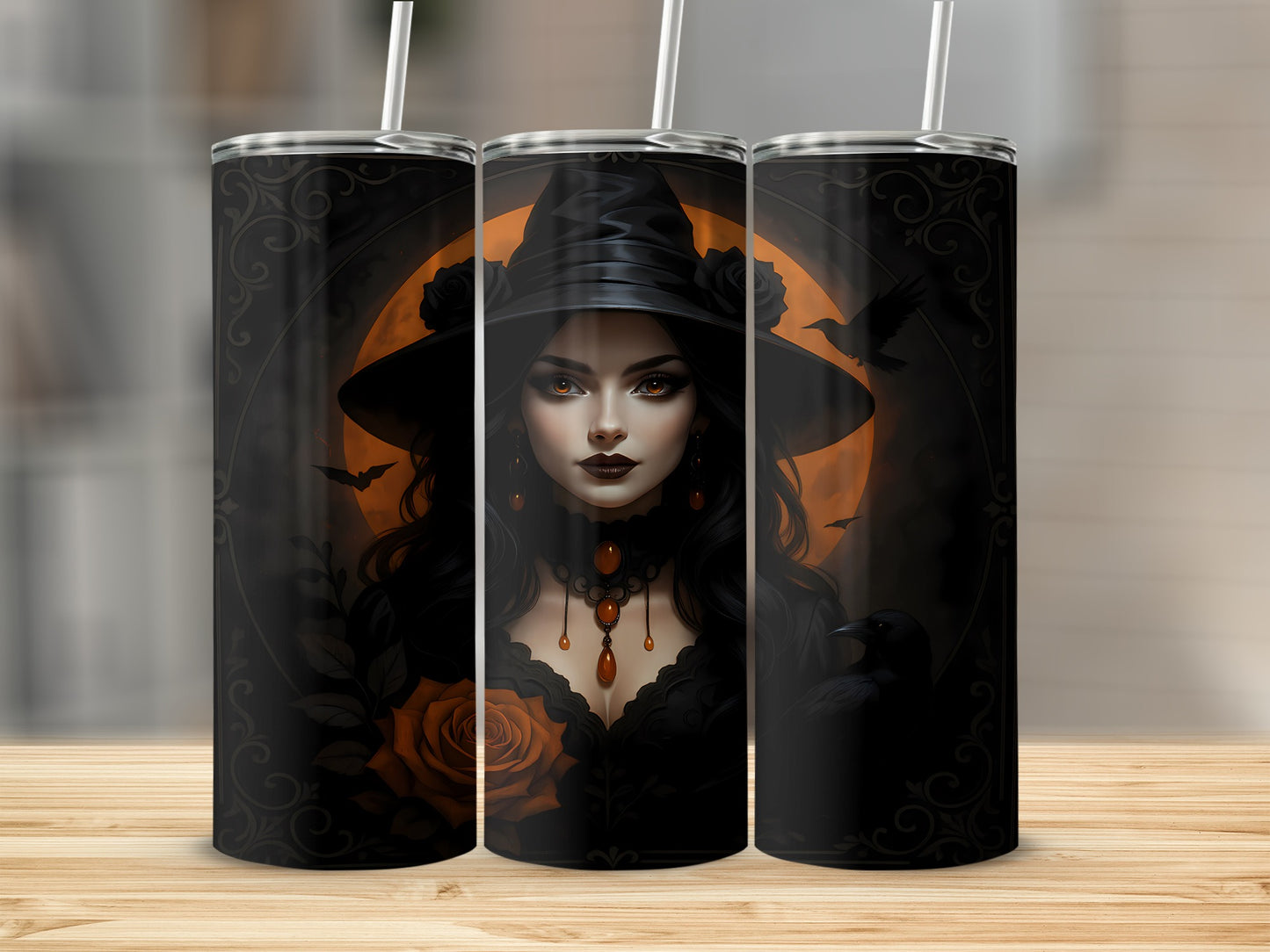Tumbler with gothic witch and black roses design
