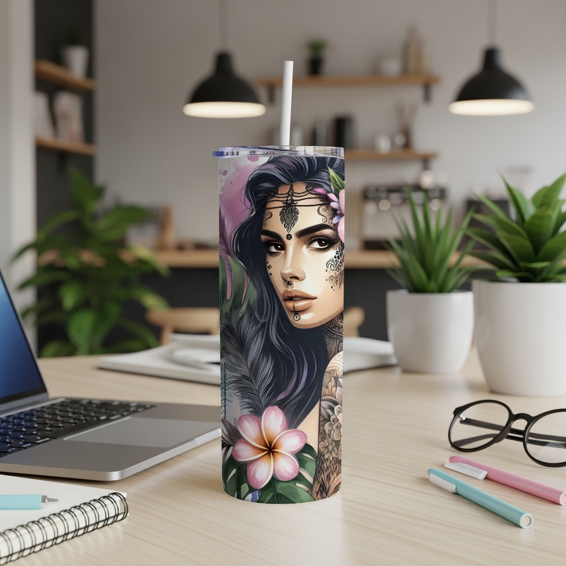 Tumbler with floral and tattooed woman design.