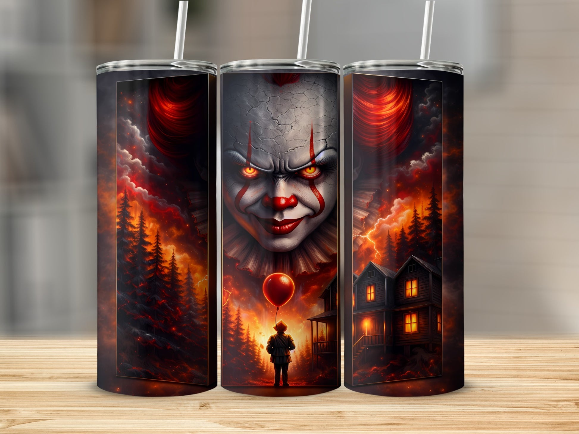 Creepy clown, child with balloon, haunted house, and fiery forest scene on tumblers.