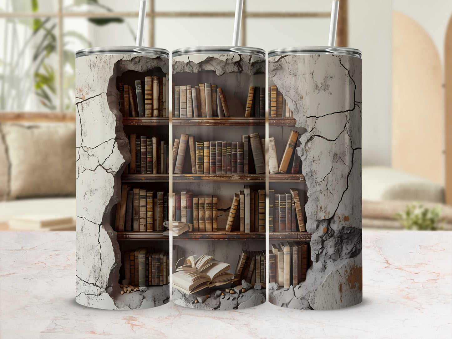 Three tumblers displaying cracked concrete with bookshelves inside.