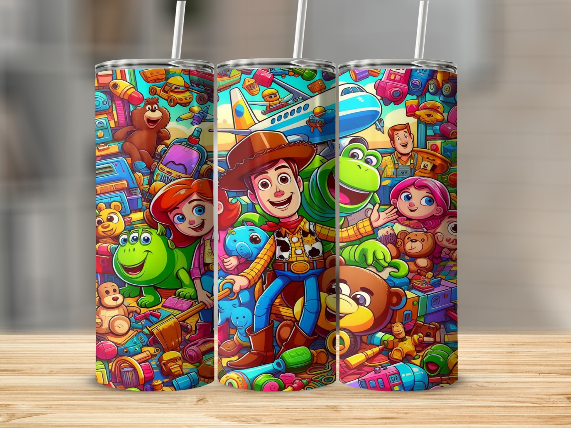 Toy Story characters and toys in a colorful, busy pattern.