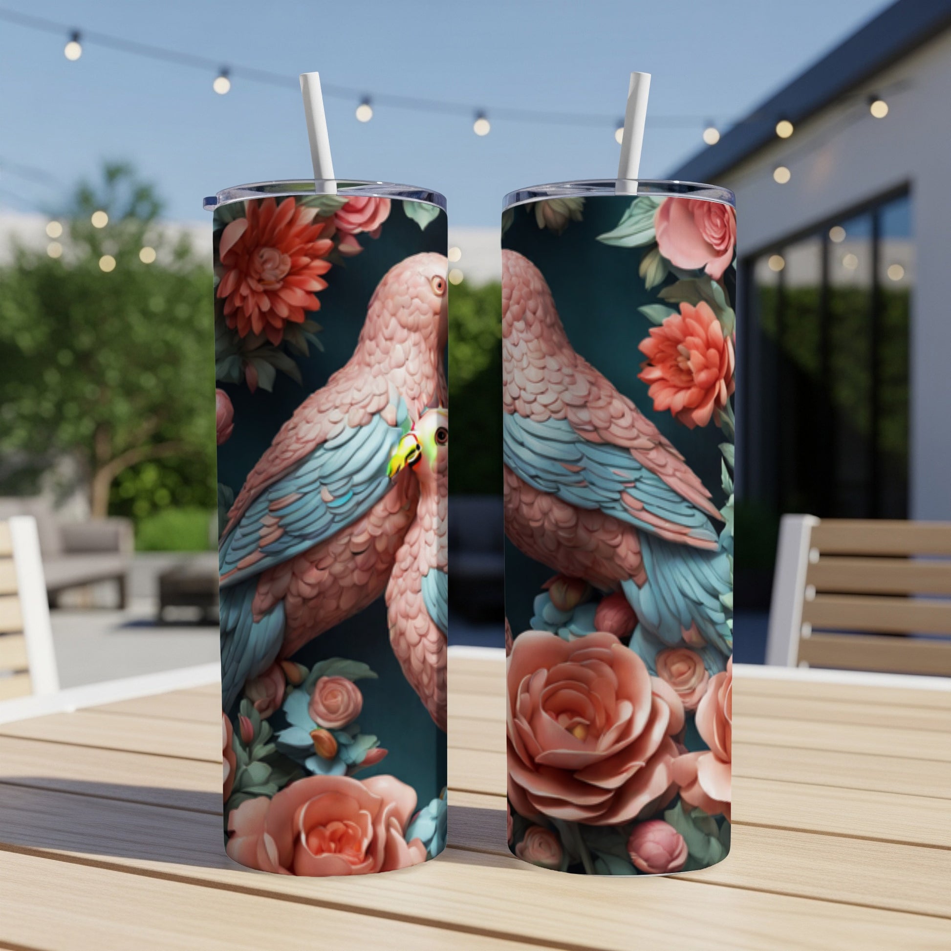 Two pink parrots surrounded by roses on a dark green background.