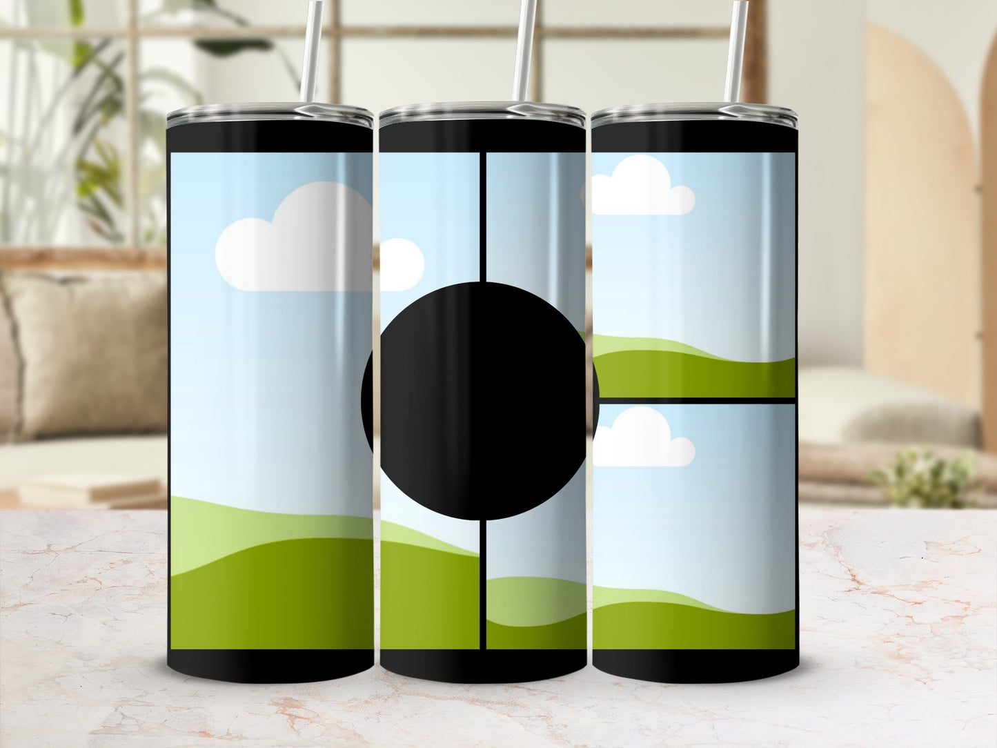 Three tumblers display a landscape design with rolling green hills and clouds.
