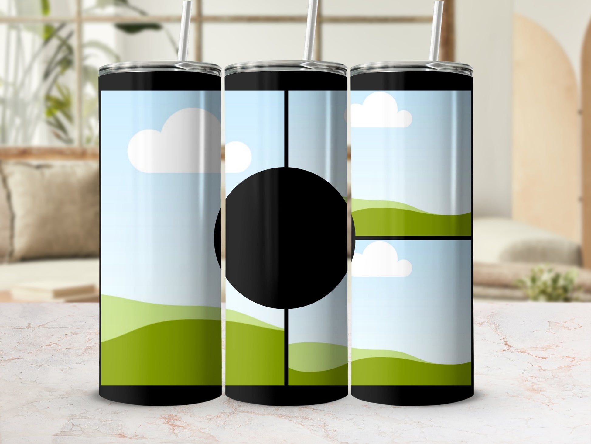 Three tumblers display a landscape design with rolling green hills and clouds.