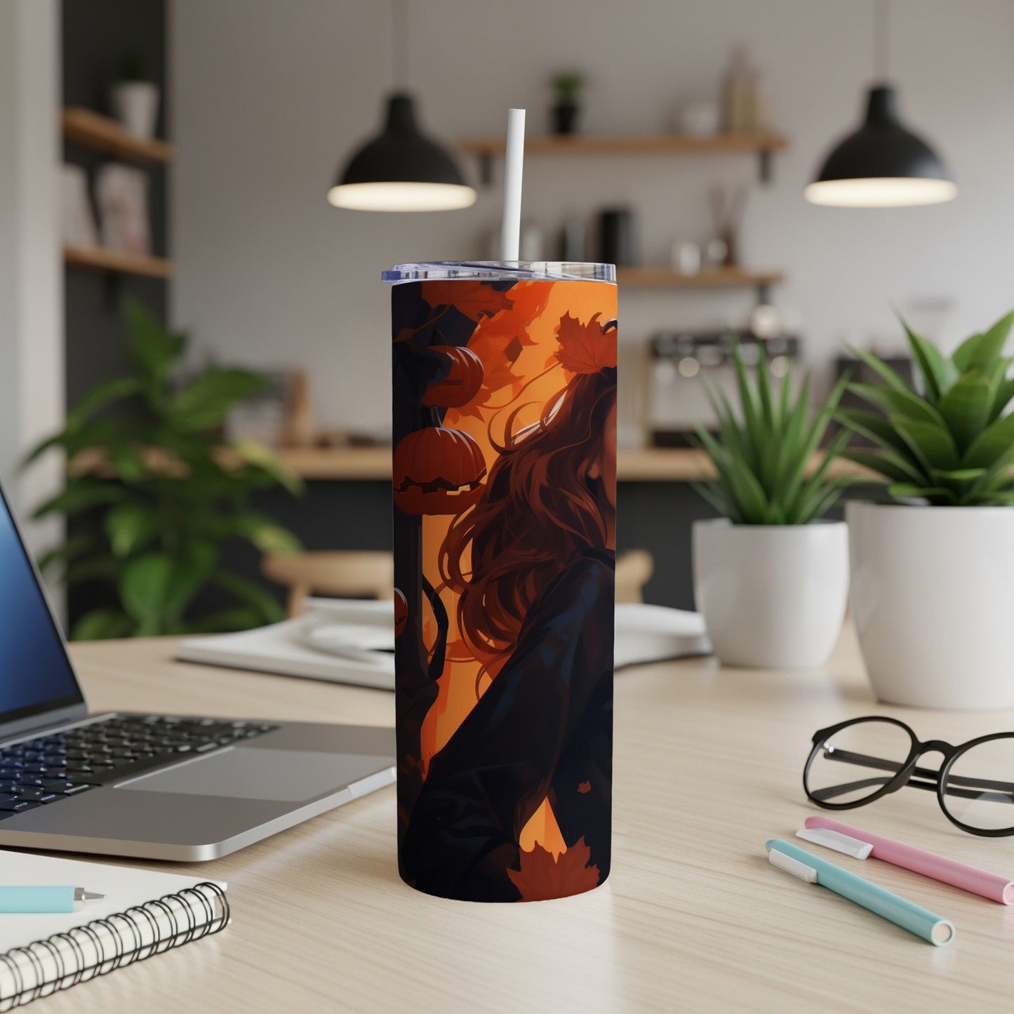 Halloween tumbler with anime girl, pumpkins, and fall leaves design.