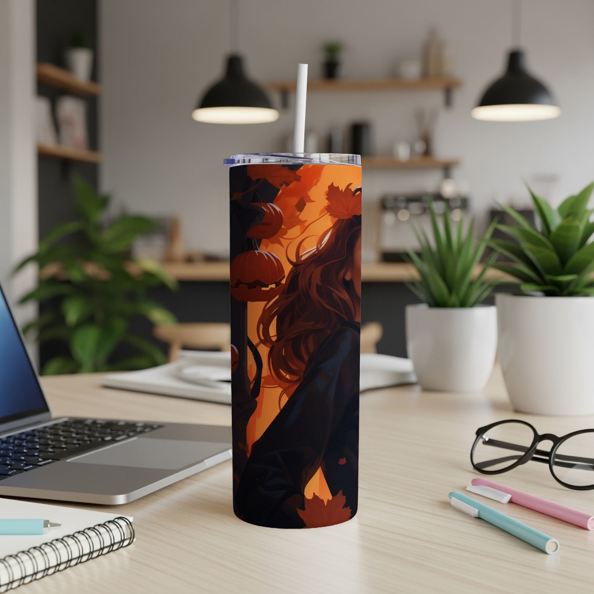 Halloween tumbler with anime girl, pumpkins, and fall leaves design.