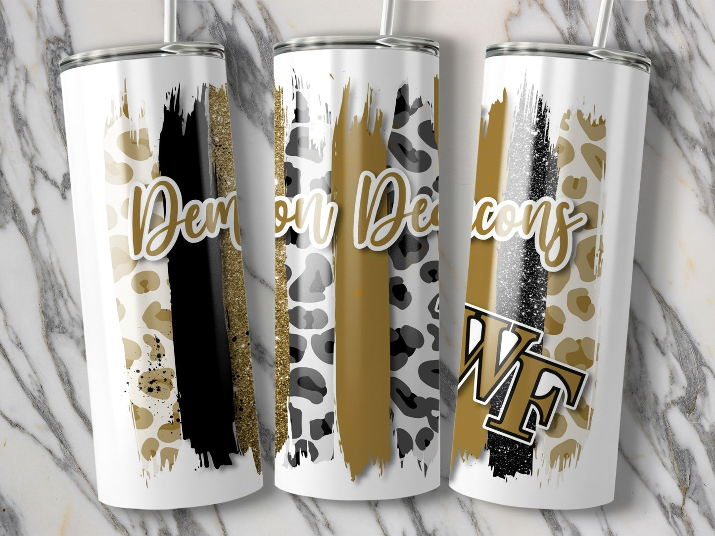 Demon Deacons WF Leopard Gold Black Brushstrokes Tumblers