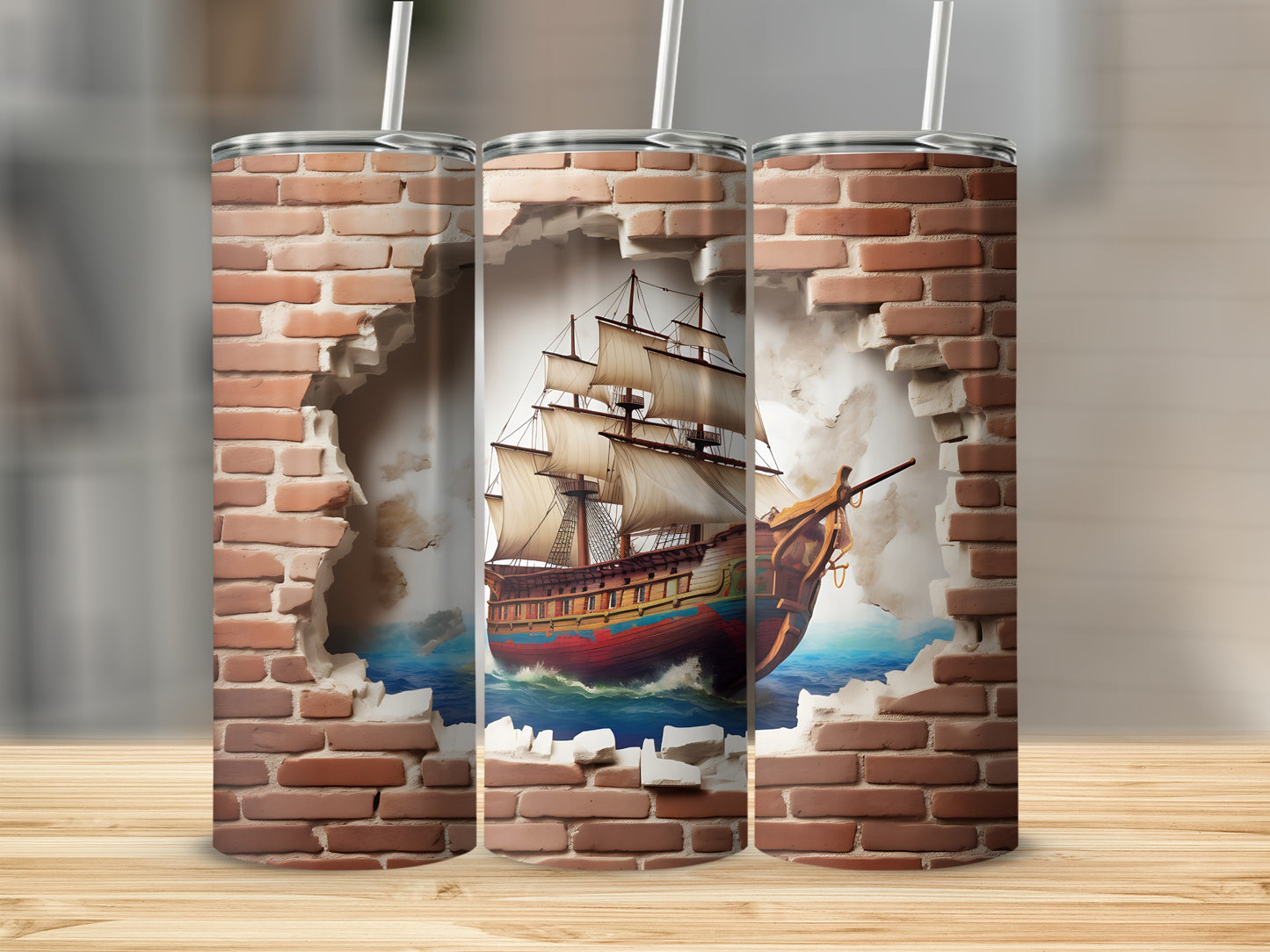 Vintage Ship Sailing Through Brick Wall Tumbler