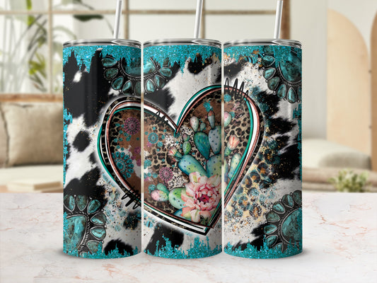 Turquoise glitter, cow print, and floral cactus heart tumbler.