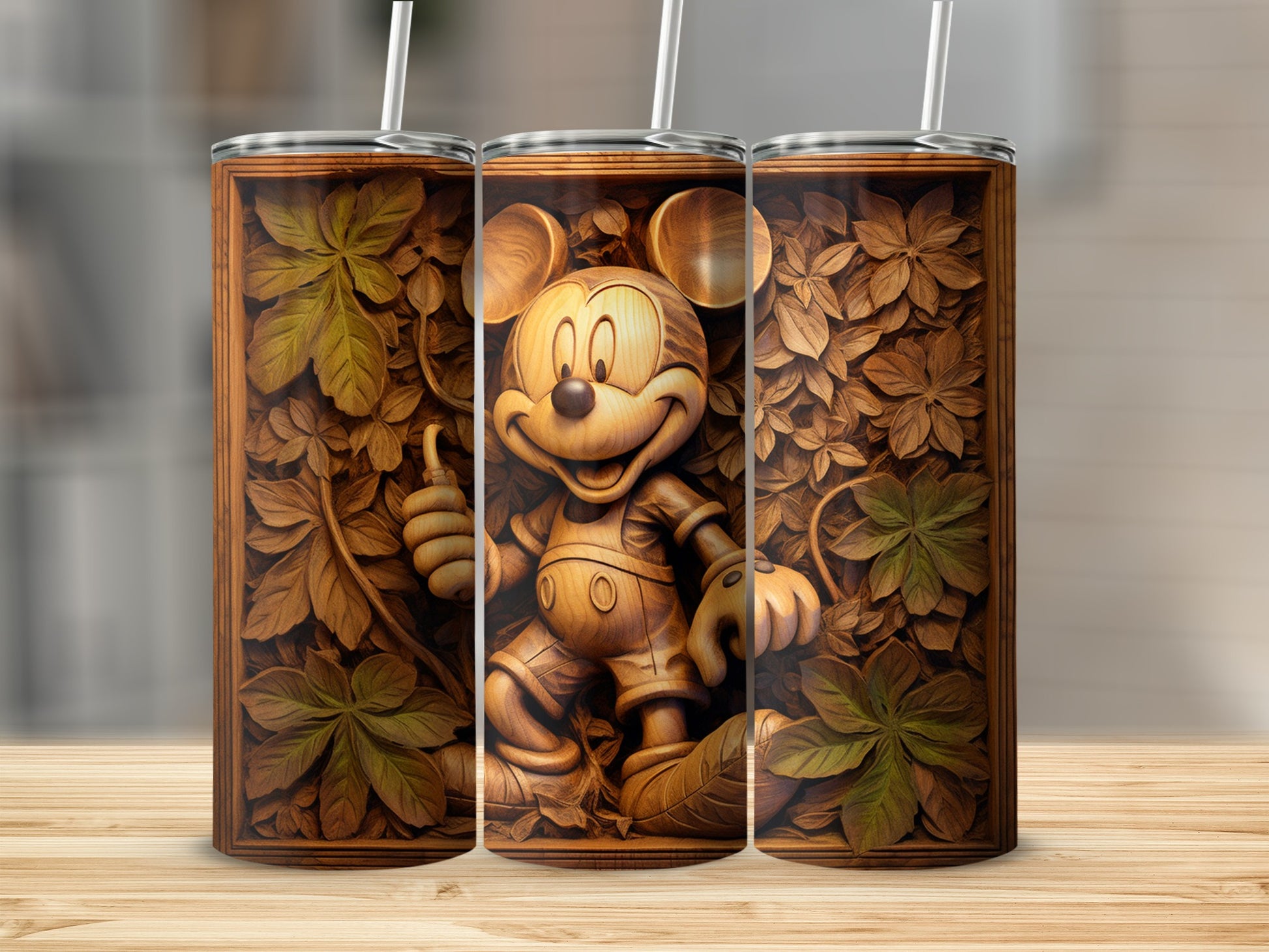 Engraved Cartoon Character Leaves Design Tumbler Cup