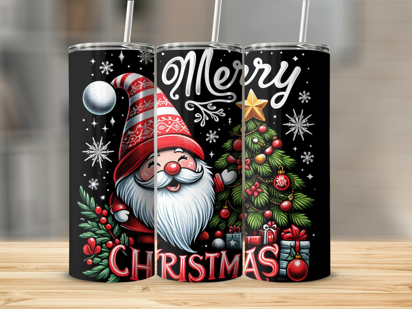 Merry Christmas tumbler featuring a gnome, decorated tree, and presents.