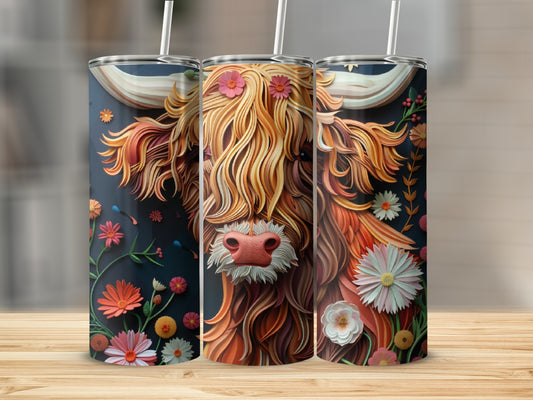 Highland cow with floral mane on a dark background, on three tumblers.
