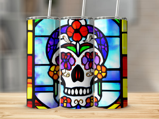 Sugar skull design on a tall tumbler, stained glass effect.