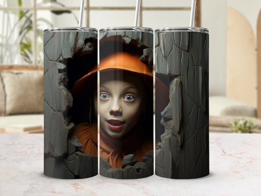 Three tumblers with a cracked stone design framing a girl in an orange hat.