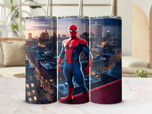 Spider-Man on a rooftop overlooking a cityscape at dusk.