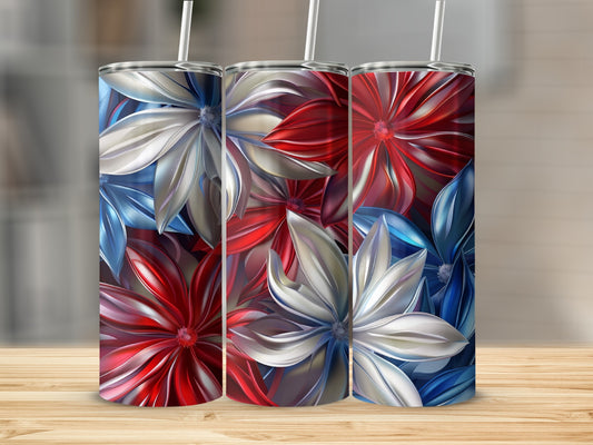 Three tumblers with red, white, and blue floral patriotic design.
