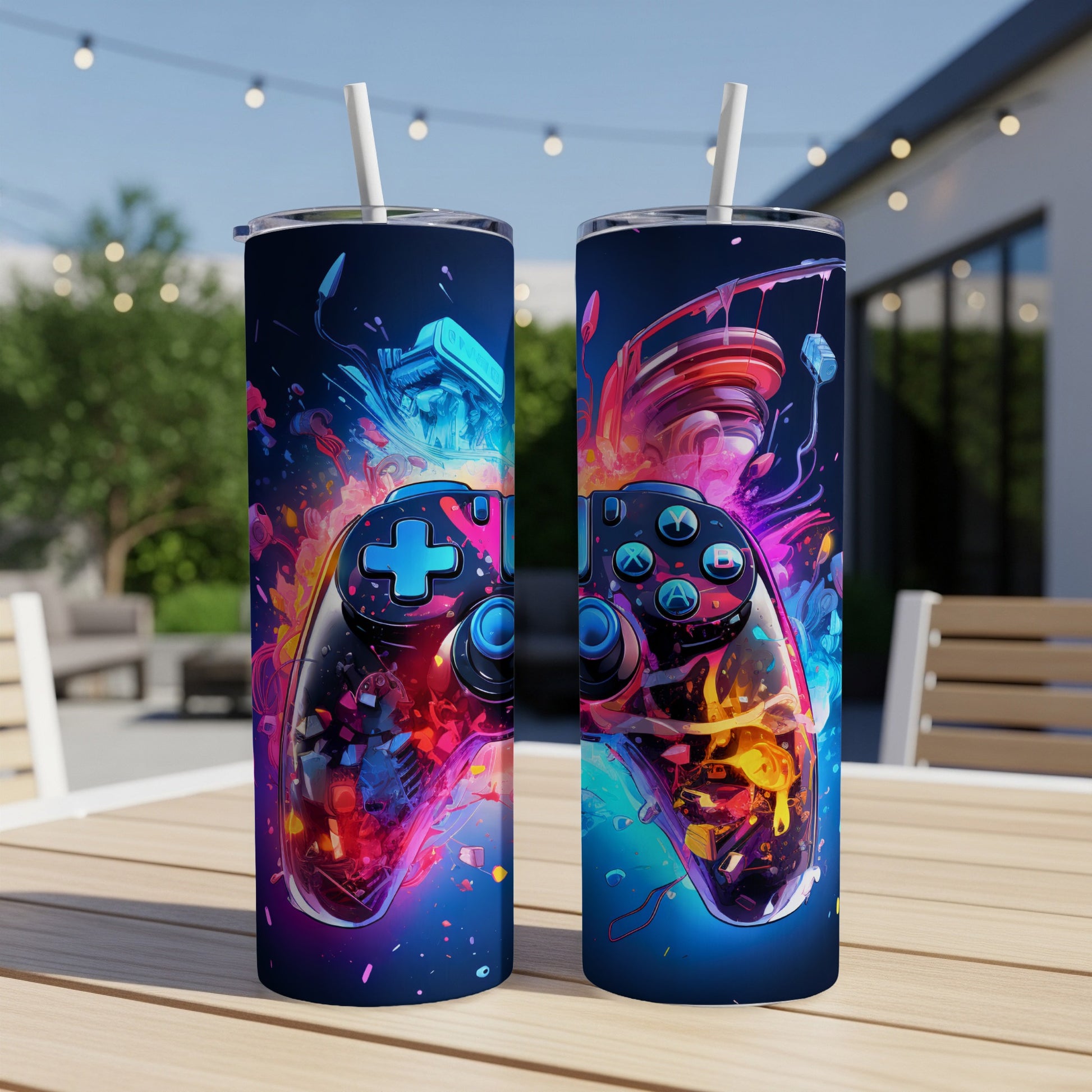 Two colorful tumblers with video game controller graphics on a wooden table.