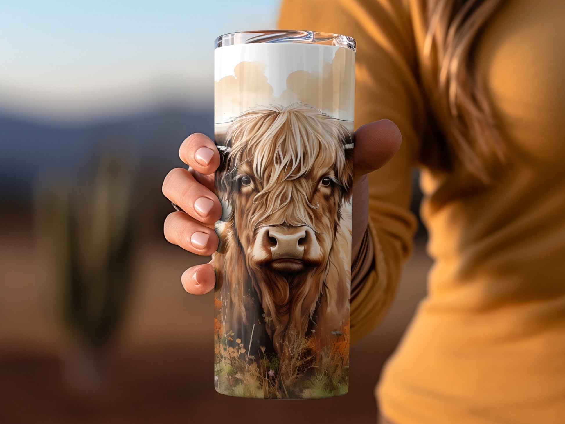 Highland Cow Themed Travel Tumbler Cup with Lid
