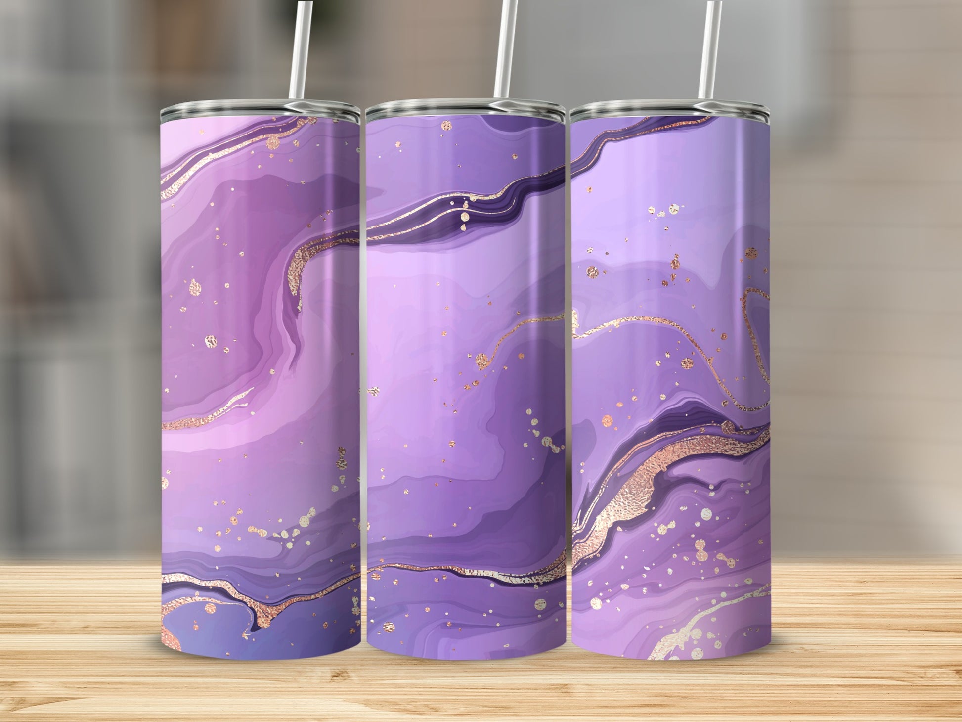 Three tumblers with marbled purple and gold abstract design.