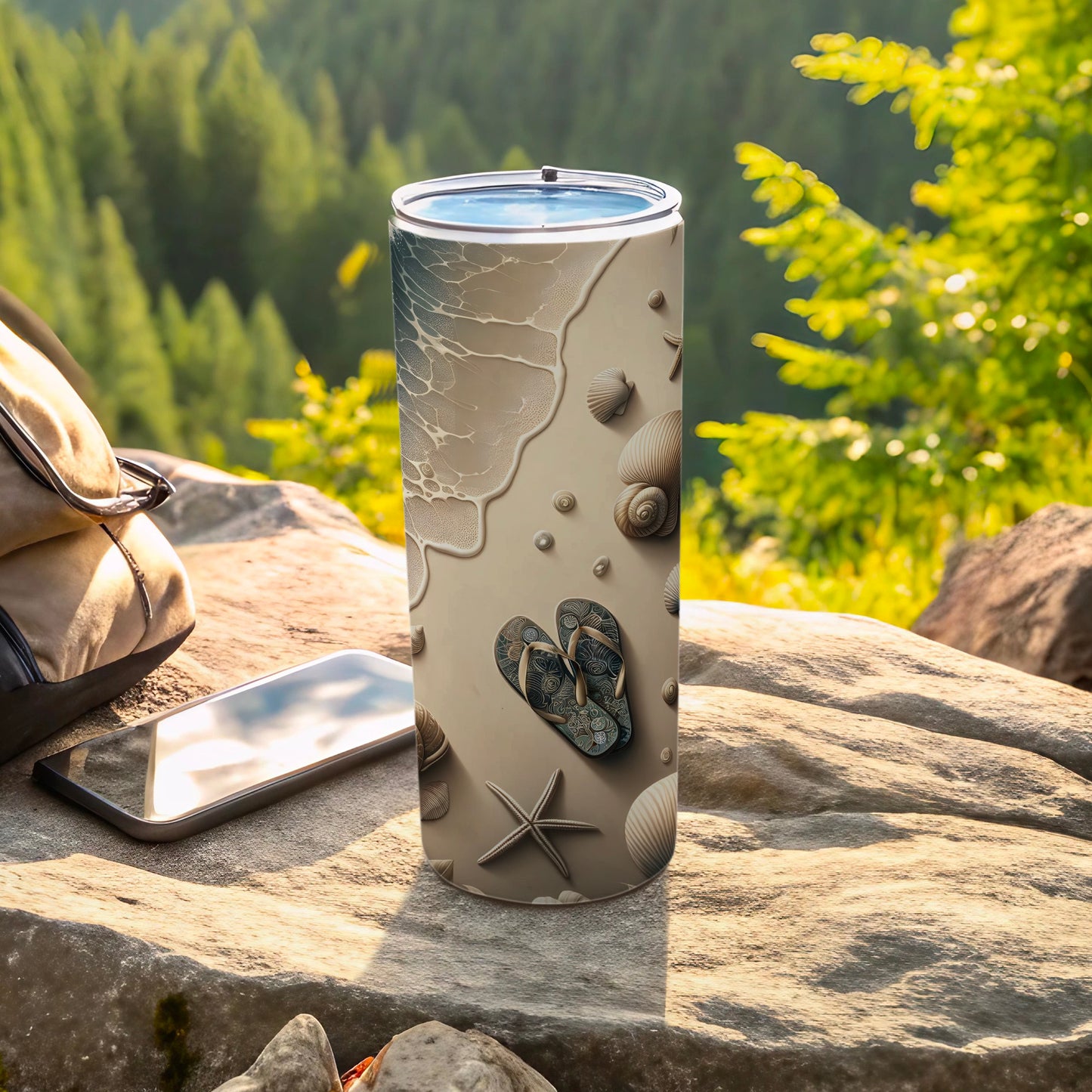 Beach-themed tumbler with flip-flops and seashells on a rock.