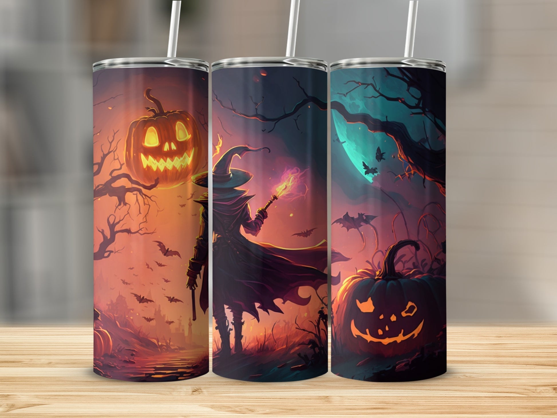 Three tumblers feature Halloween artwork with pumpkins, a witch, bats, and a moon.