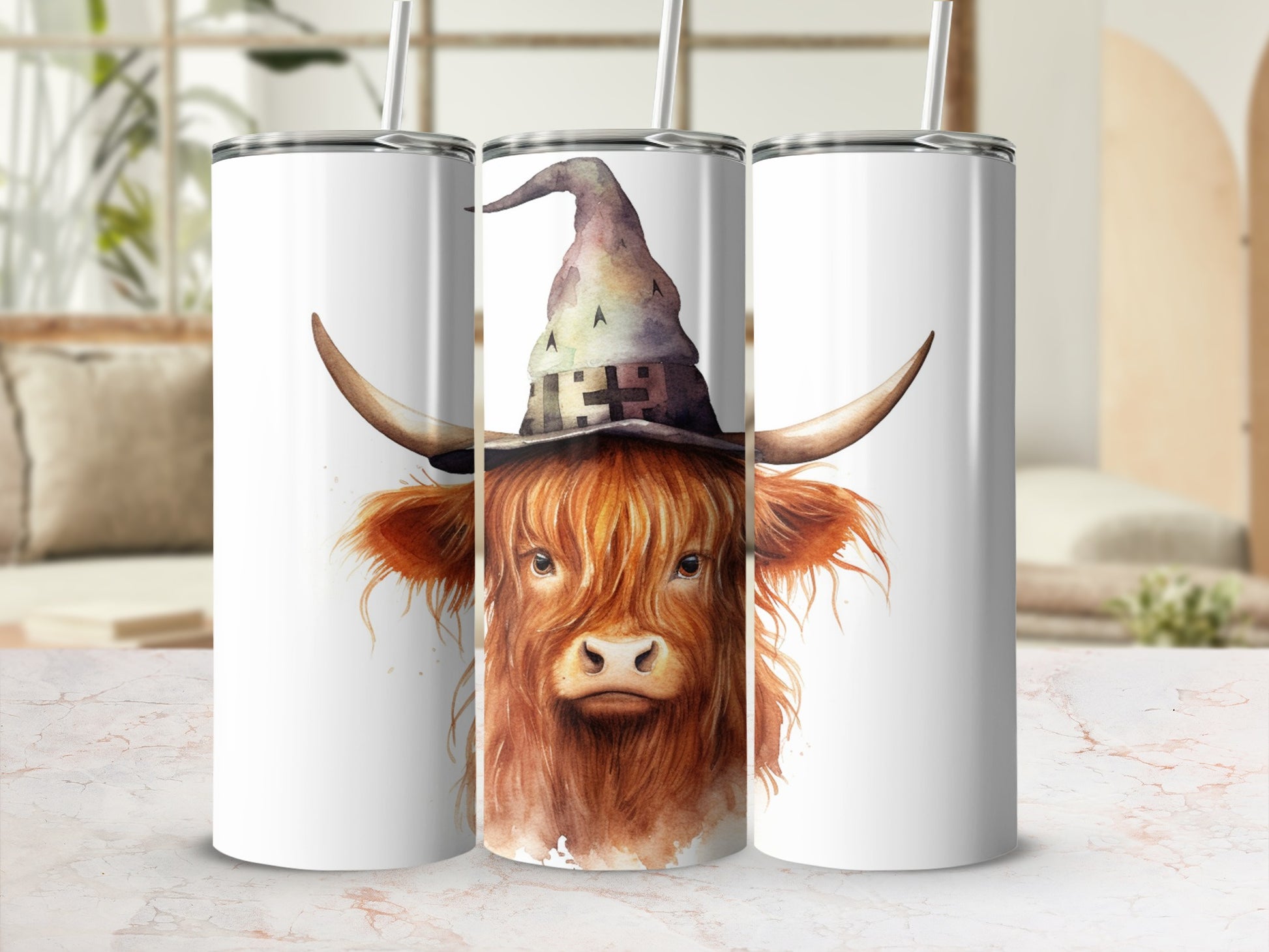 Watercolor Highland cow wearing a witch hat on a white tumbler.