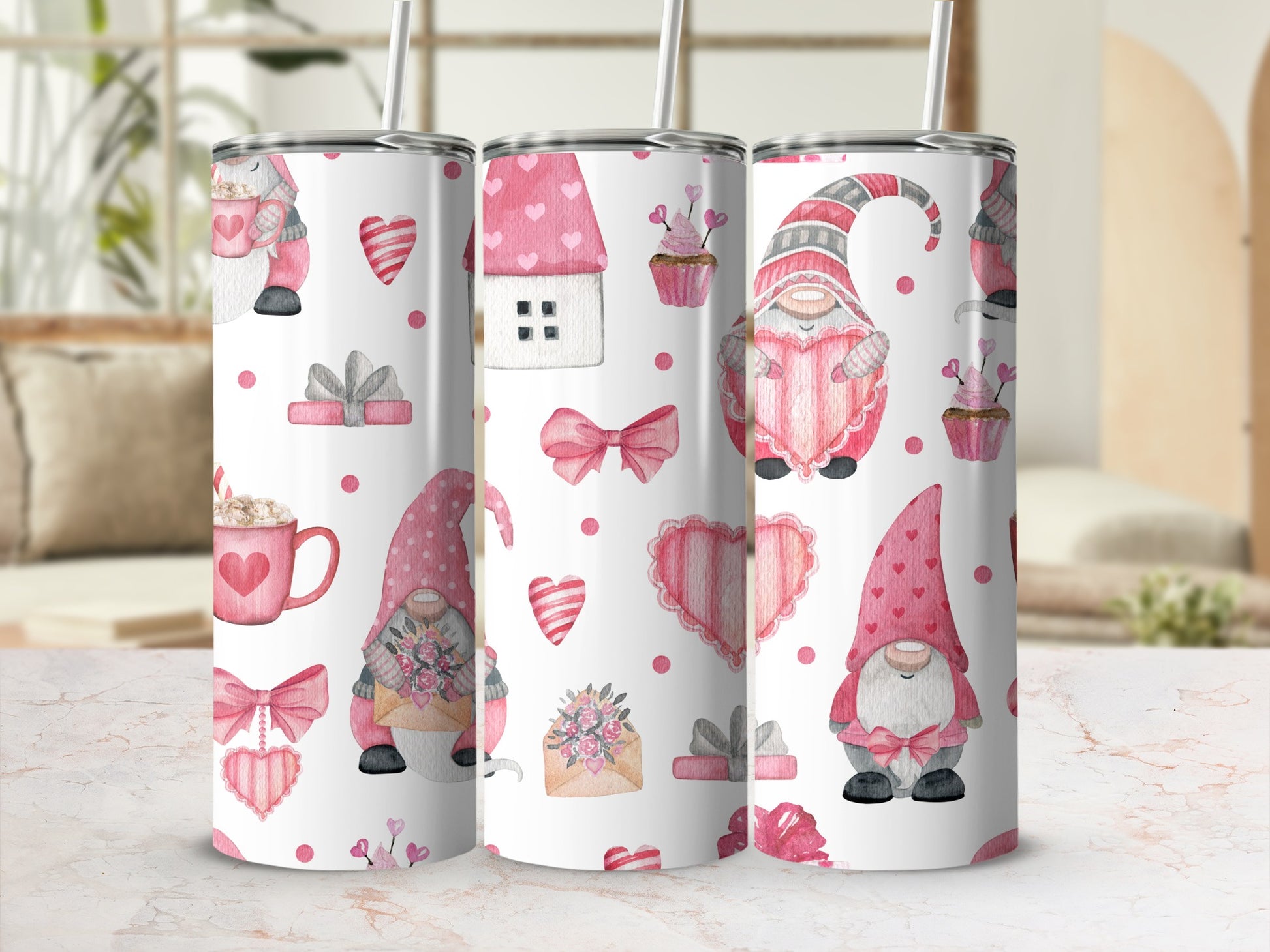 Adorable Gnome Themed Valentine Tumbler Cup Design
