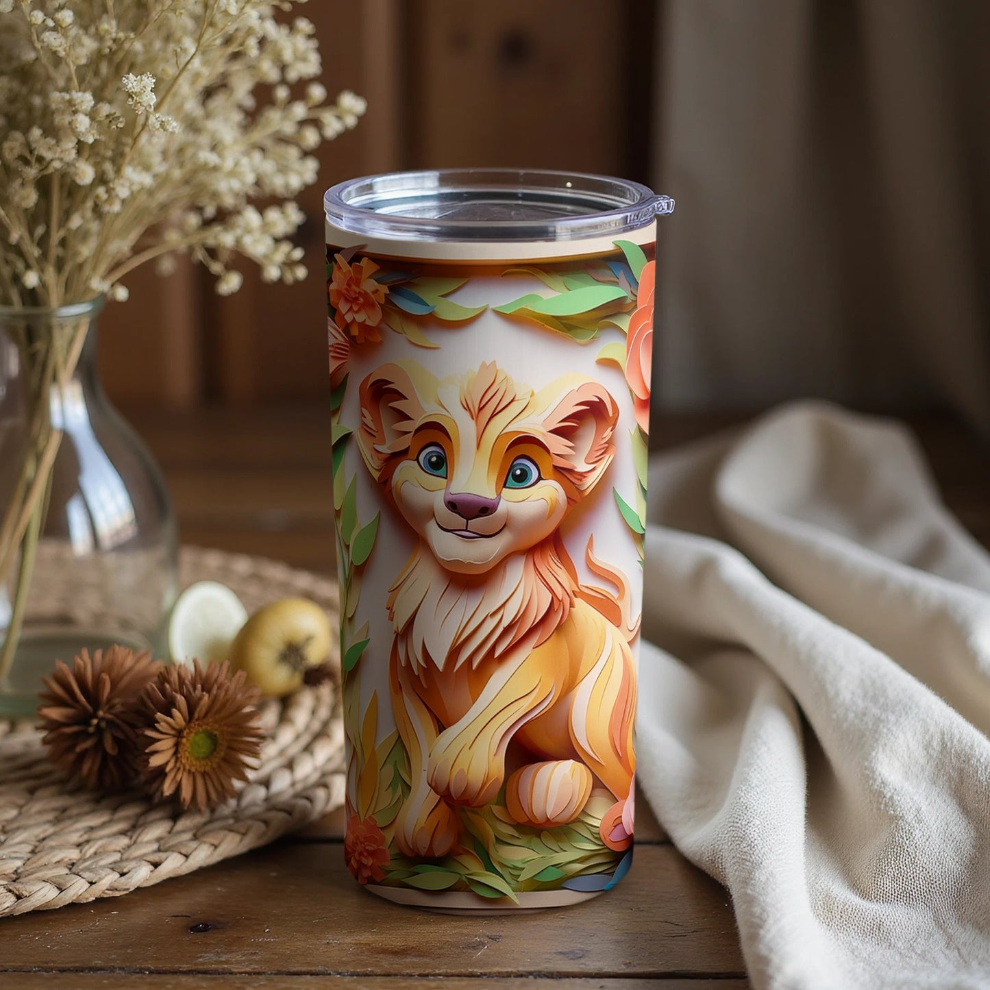 Vibrant Cute Lion Artwork Insulated Travel Tumbler
