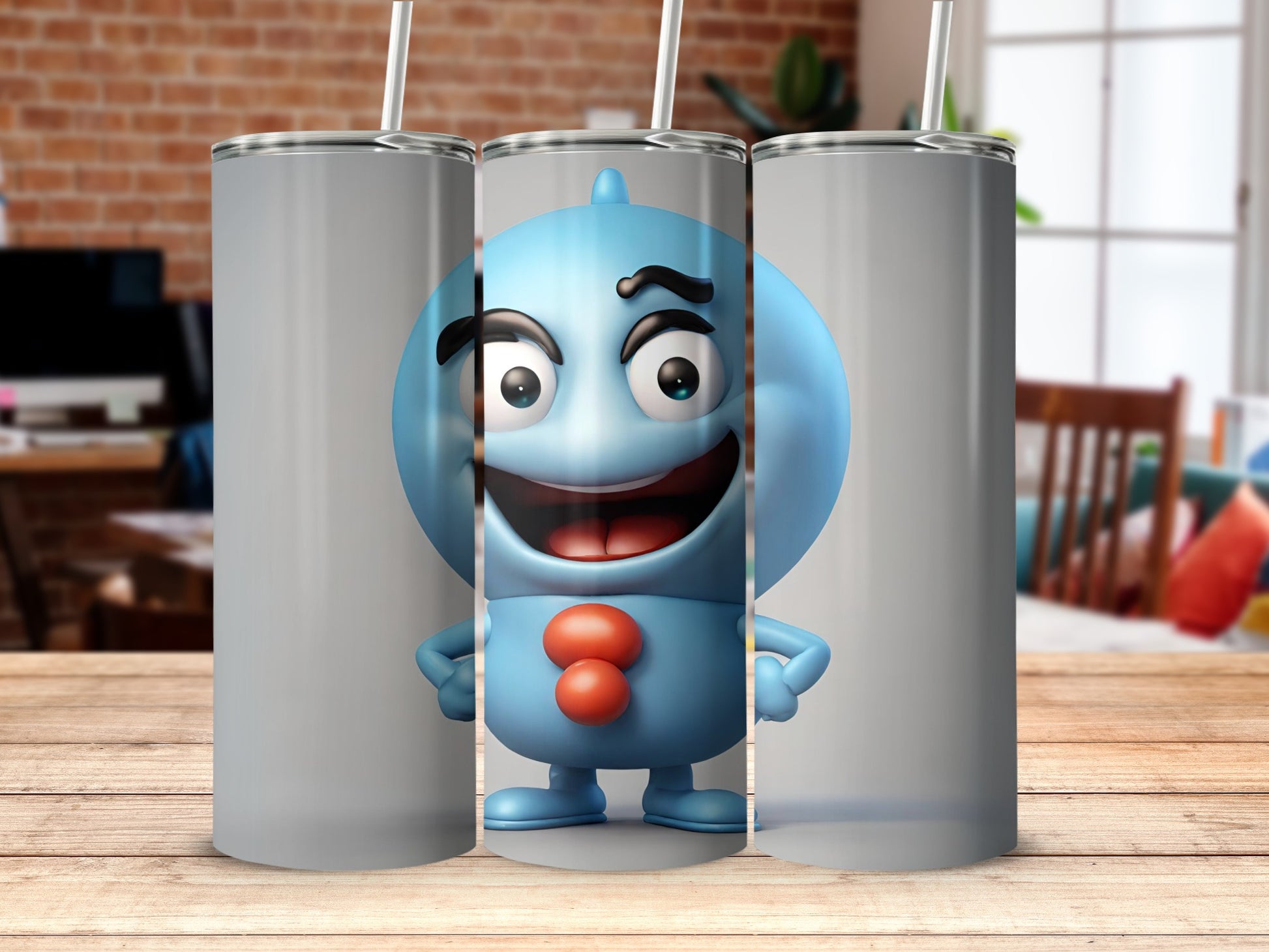 Funny Blue Cartoon Character Tumbler with Red Buttons