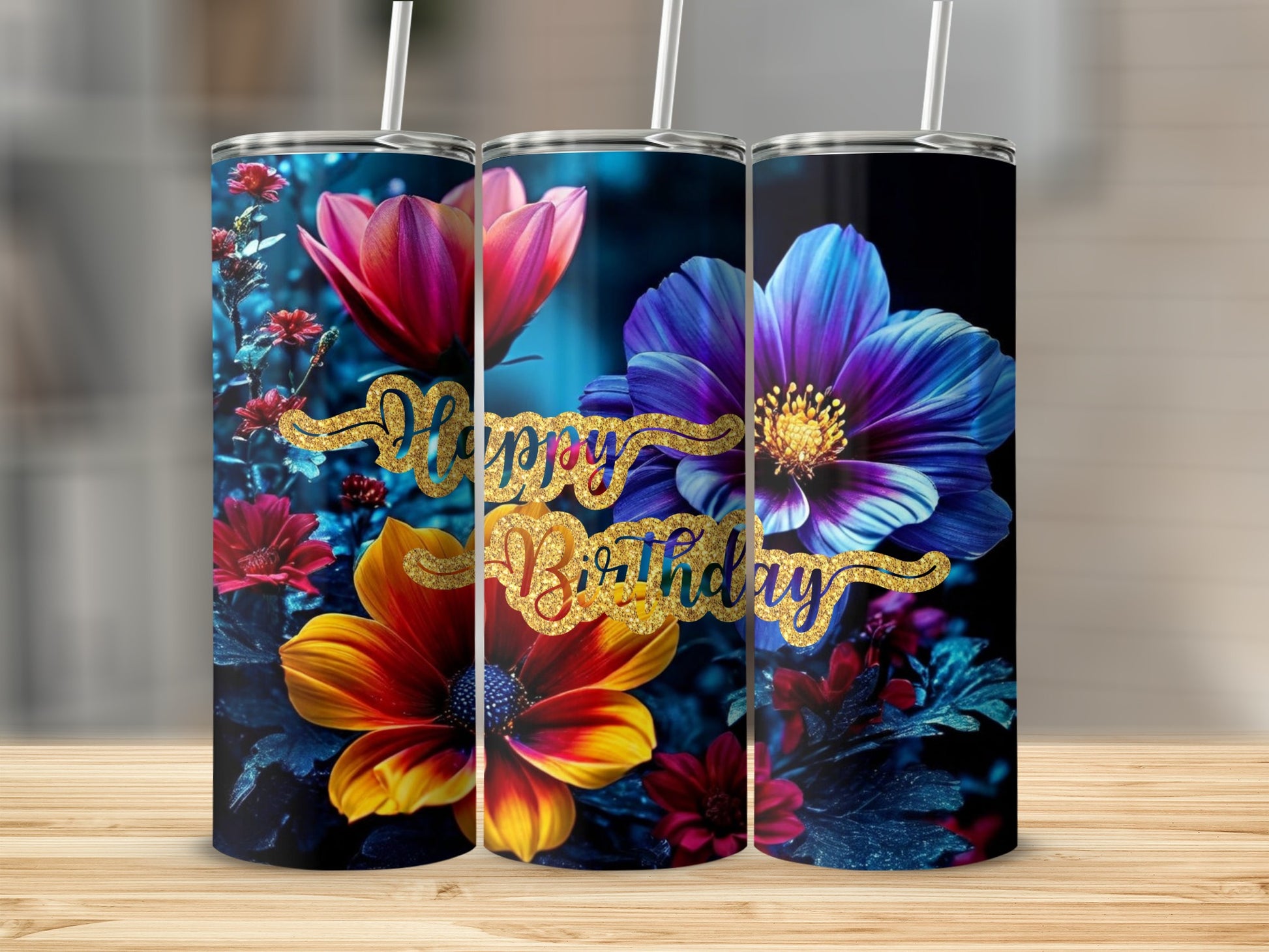 Three tumblers with floral designs and "Happy Birthday" text.