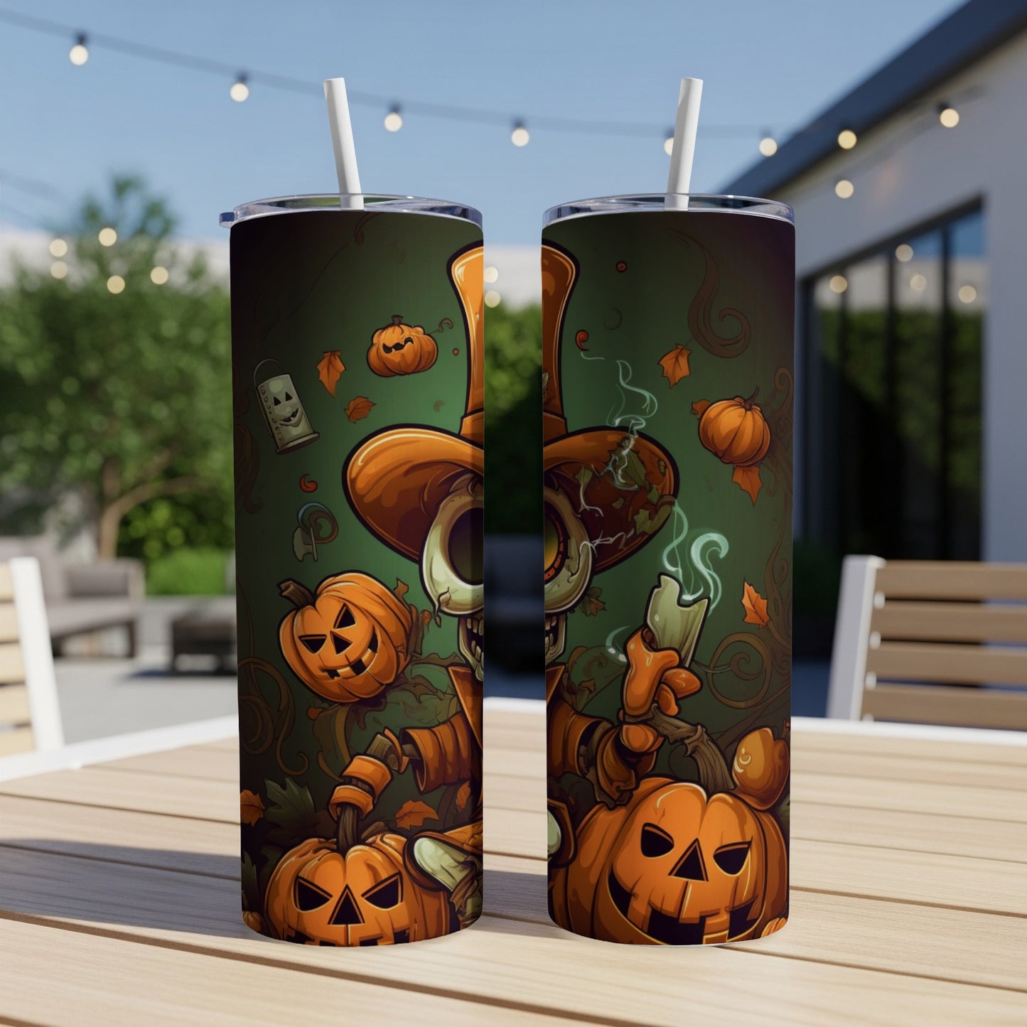 Halloween tumbler with a spooky skeleton, pumpkins, and falling leaves design.