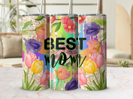 Floral tumbler with "BEST MOM" text and rainbow background.