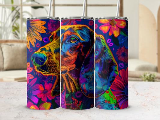 Colorful abstract dog portrait on a dark background with floral accents.