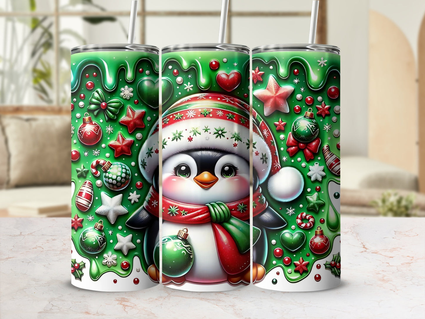 Festive Penguin Holiday Tumbler with Christmas Decorations