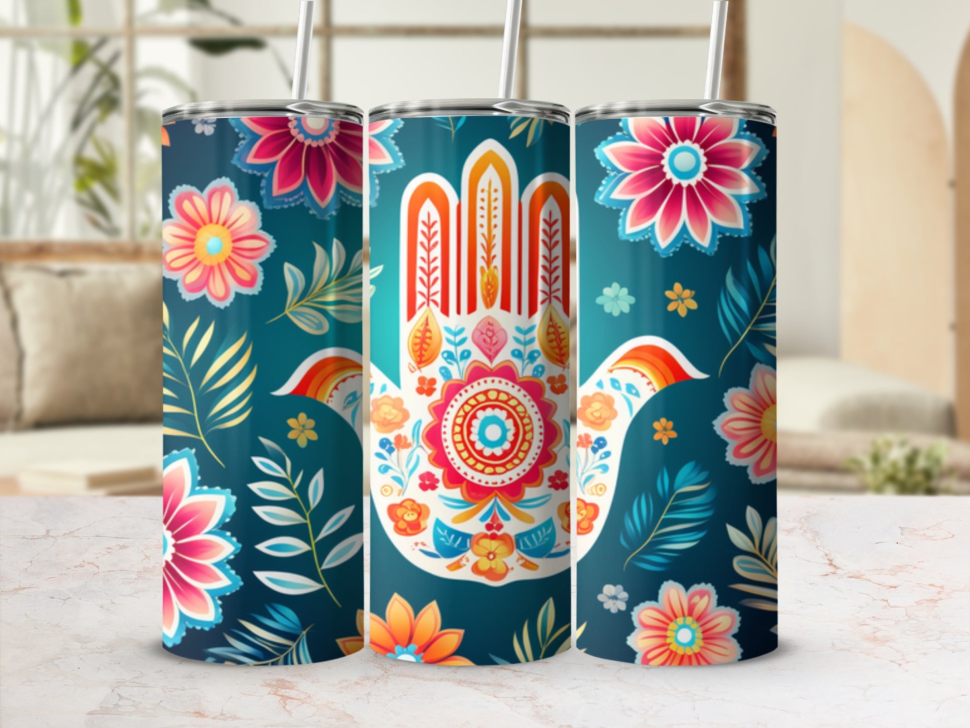 Tall tumbler with Hamsa hand design and floral accents.