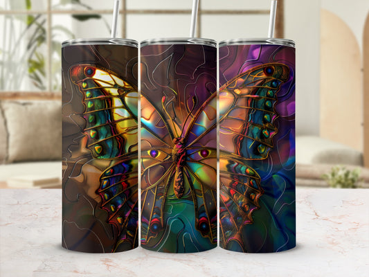 Three tumblers with a stained-glass butterfly design.