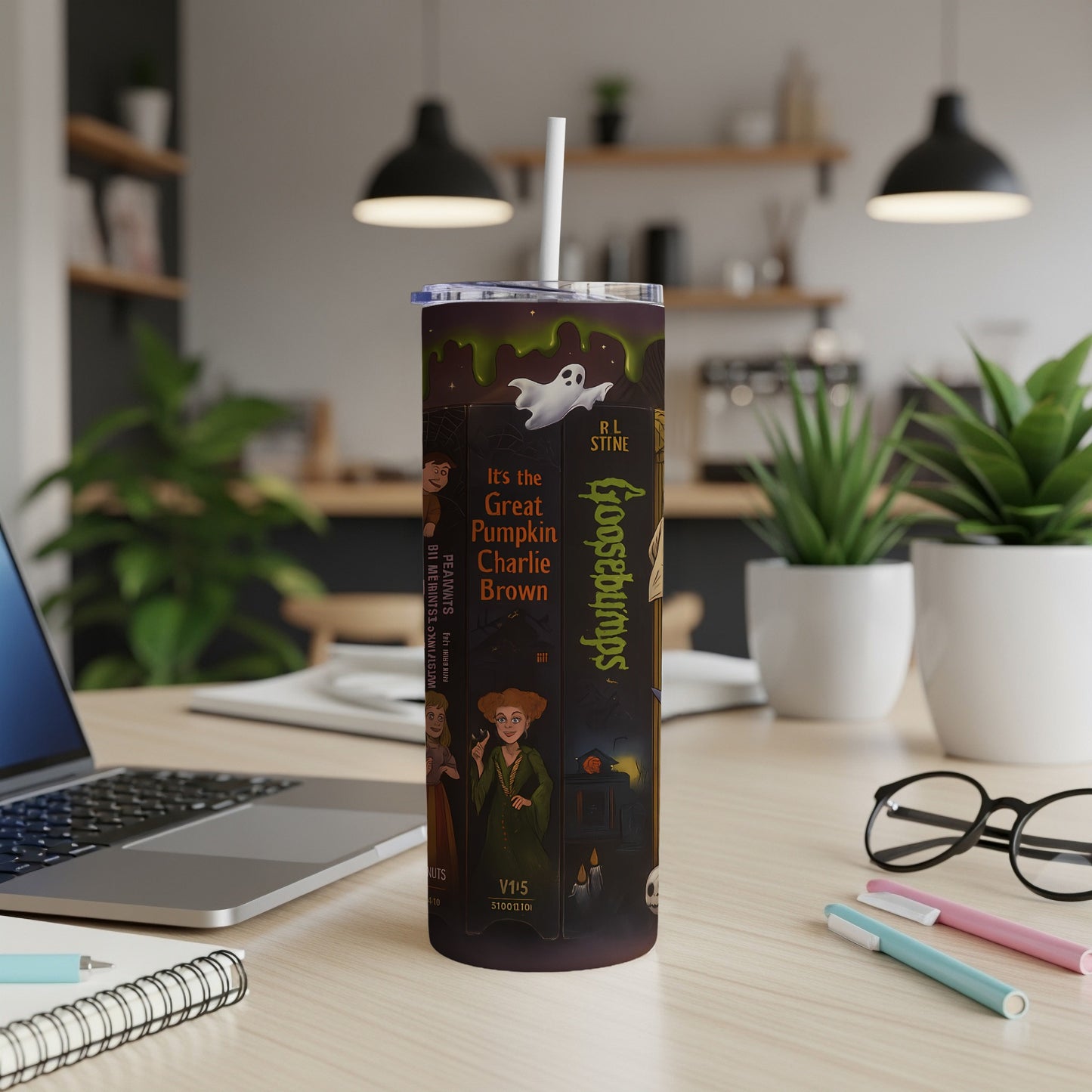 Tumbler with Halloween theme featuring Charlie Brown, Goosebumps, and Hocus Pocus characters.