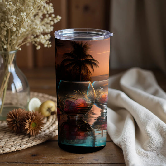 Sunset Ocean Palm Trees with Floral Drink Tumblers