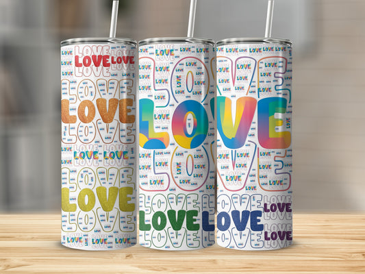 Three tumblers with a repeating pattern of the word "LOVE" in various colors and styles.