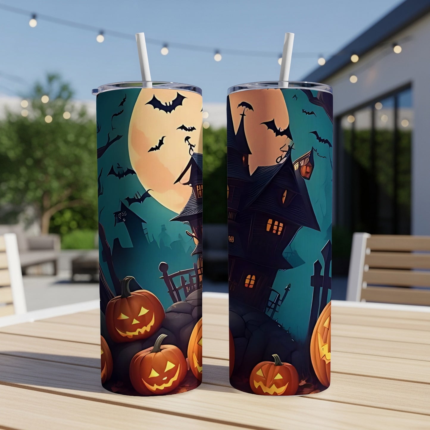 Halloween tumblers with haunted houses, bats, and jack-o'-lanterns.