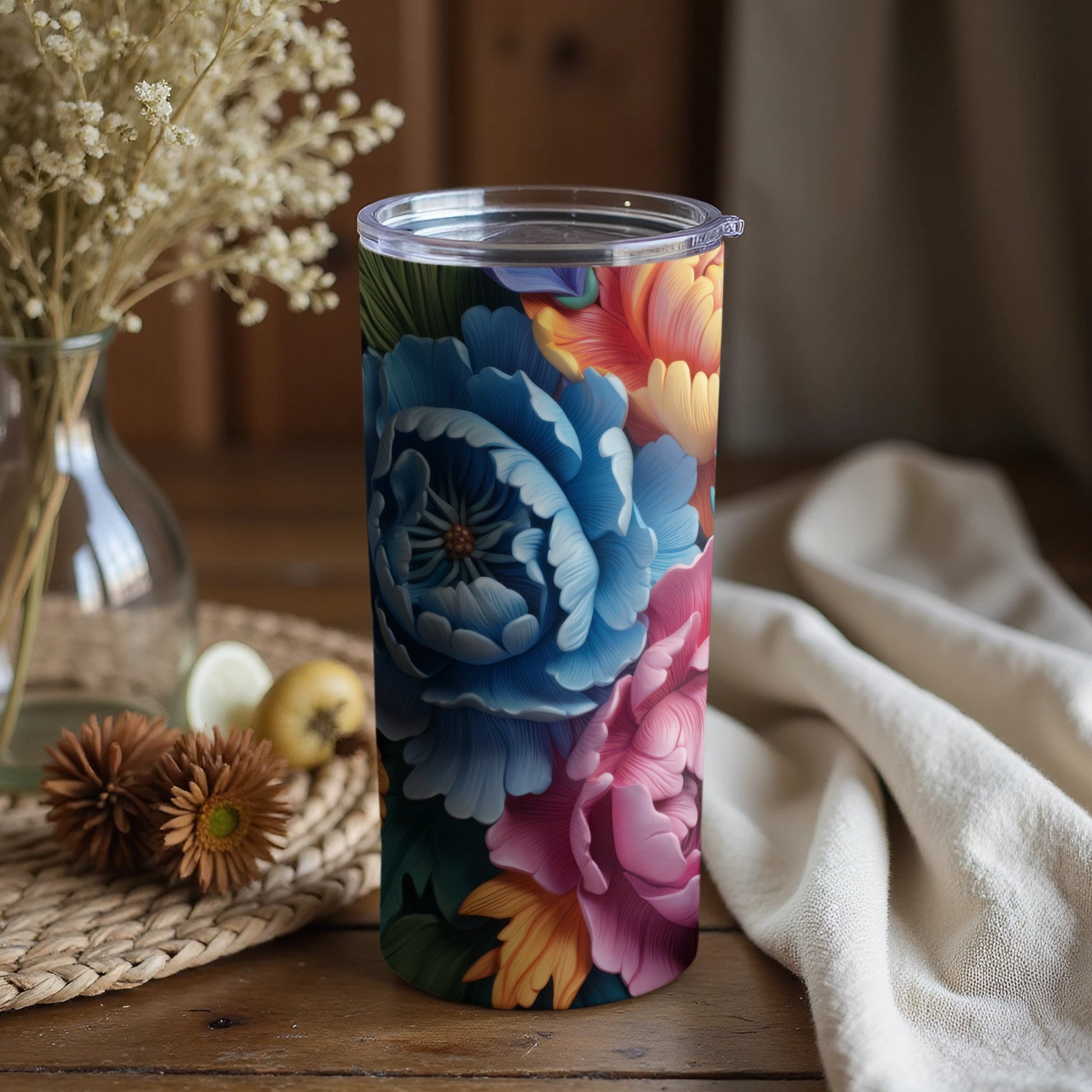 Colorful Floral Design Insulated Travel Tumbler Cup