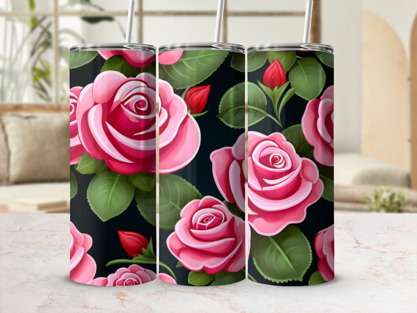 Three tumblers with a pink rose and green leaf pattern.