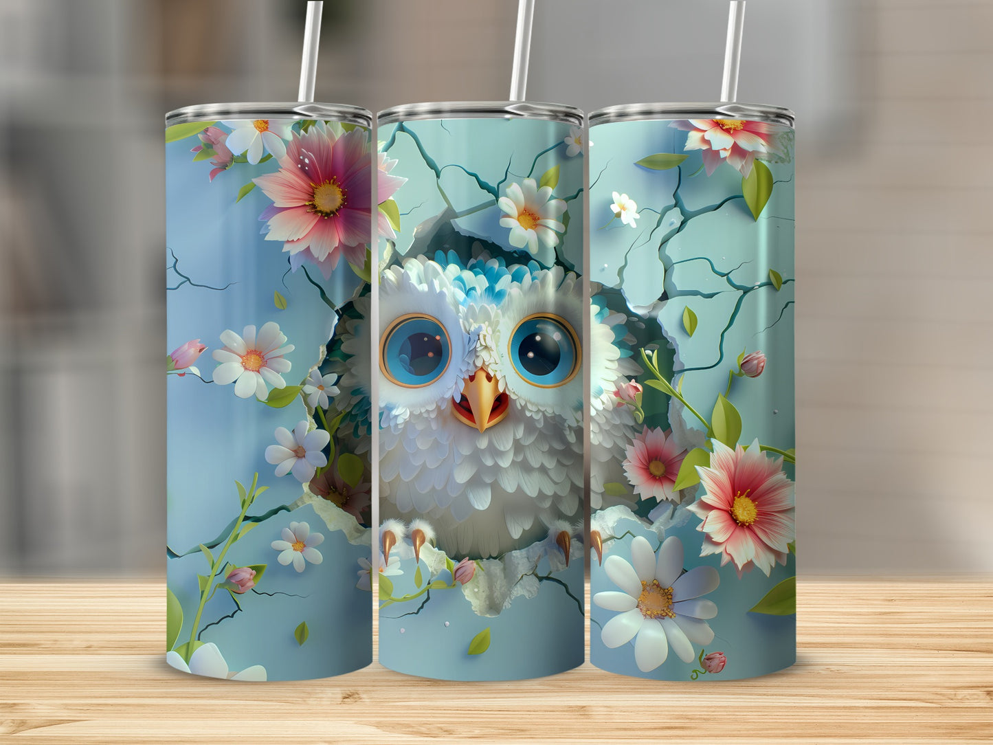 White owl with large blue eyes peeking through a cracked blue background with flowers.