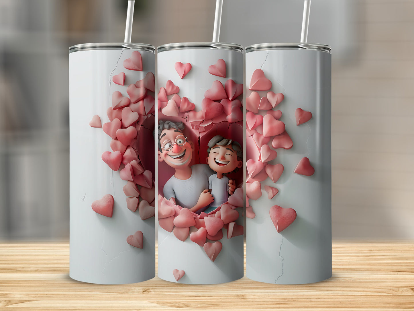 Three tumblers featuring a father and son in a heart made of pink hearts.