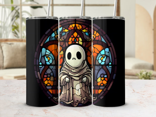 Black tumblers featuring a stained-glass style ghost design with orange and blue accents.