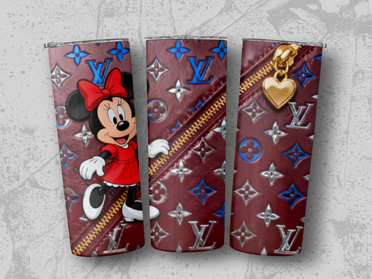 Minnie Mouse with monogram LV pattern on a dark red zippered tumbler.