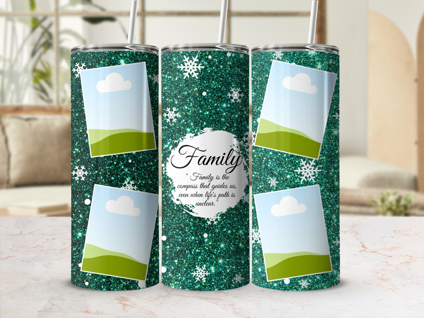 Three green glitter tumblers with snowflake accents and photo placeholders.