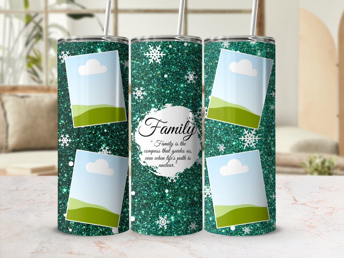 Three green glitter tumblers with snowflake accents and photo placeholders.