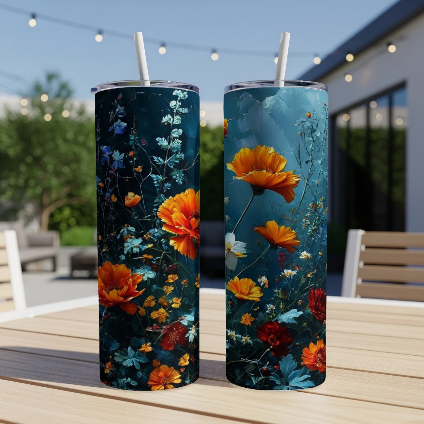 Two tall tumblers with vibrant orange and red floral designs on a table.