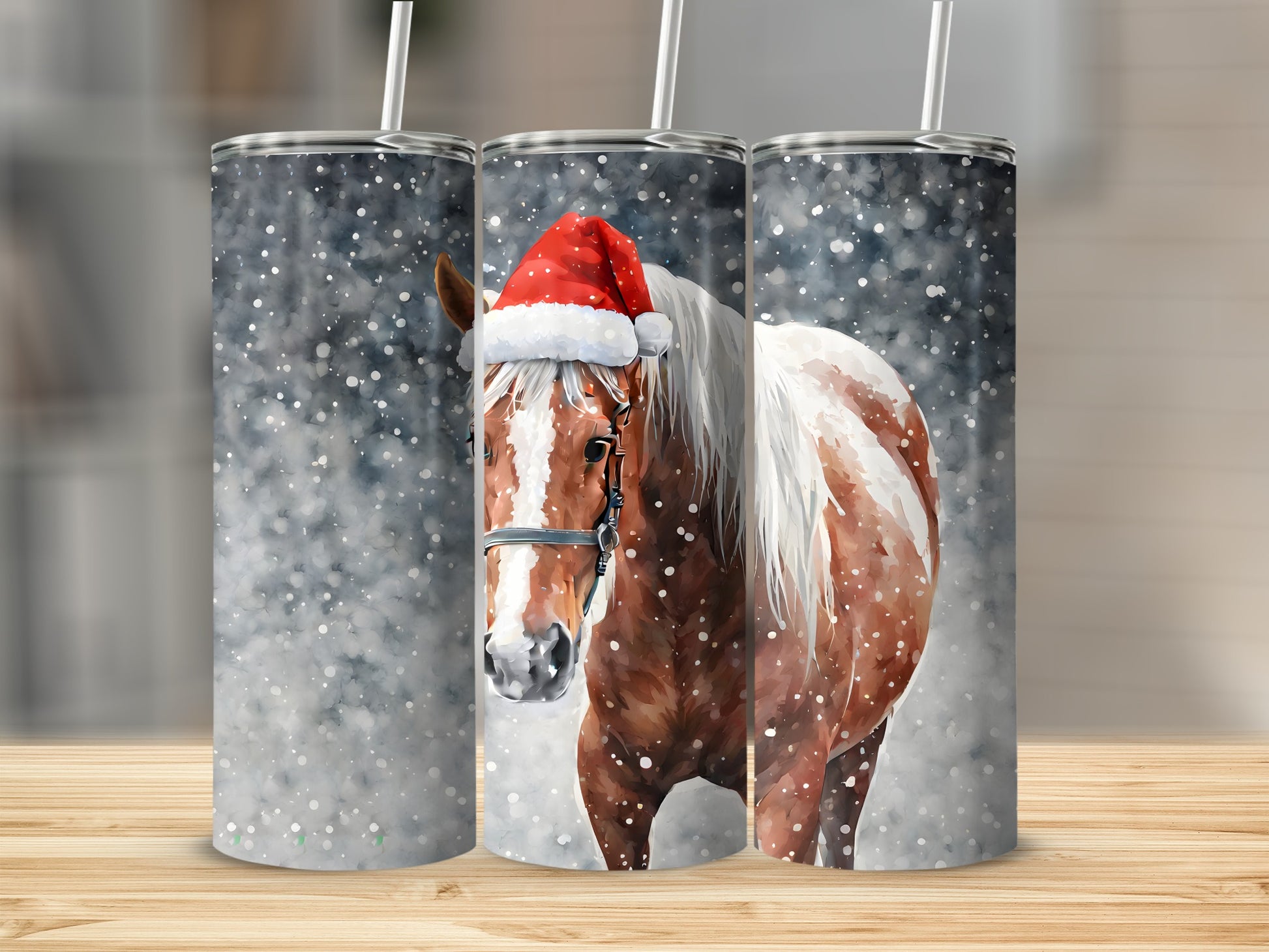 Horse wearing a Santa hat amidst falling snow.